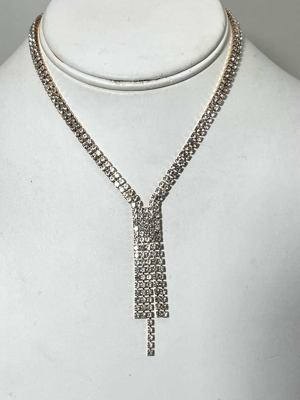 Gold Tone Crystal Rhinestone Y Lariat Necklace Tennis Drop Fringe Pendant Bling